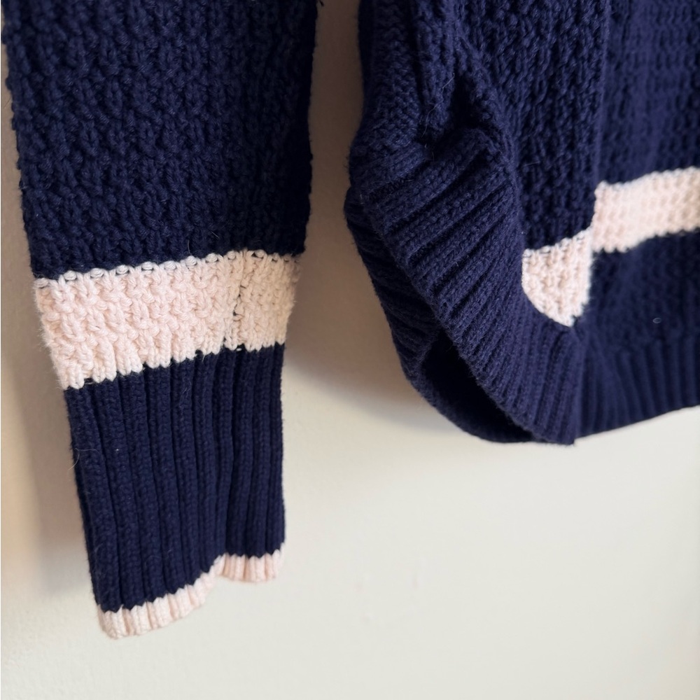 GAP Navy and Cream Striped Turtleneck Sweater with Various Cable Knit Design - Picture 3 of 15